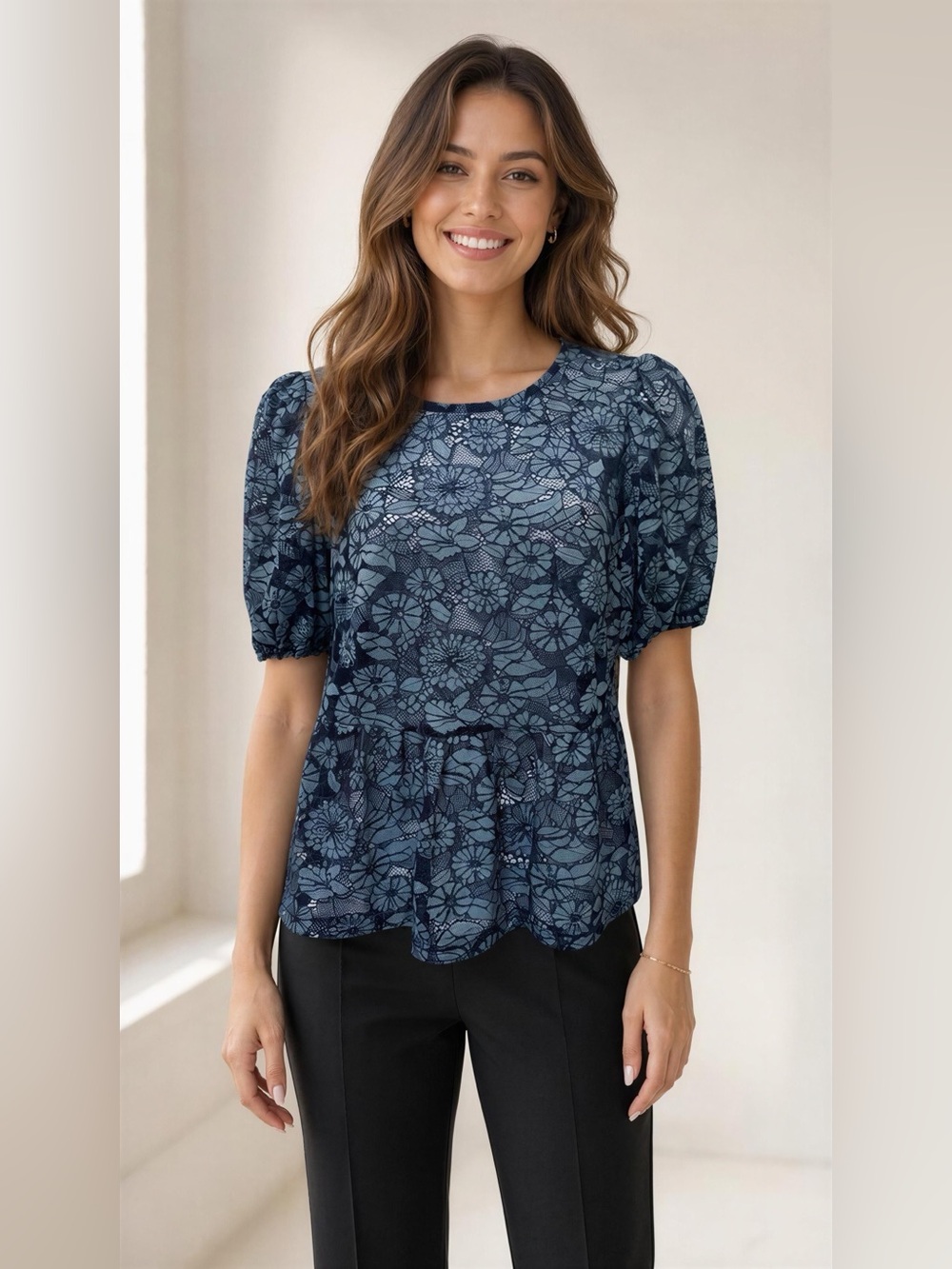 dolan Navy Blue Lace Puff Sleeve Peplum Blouse